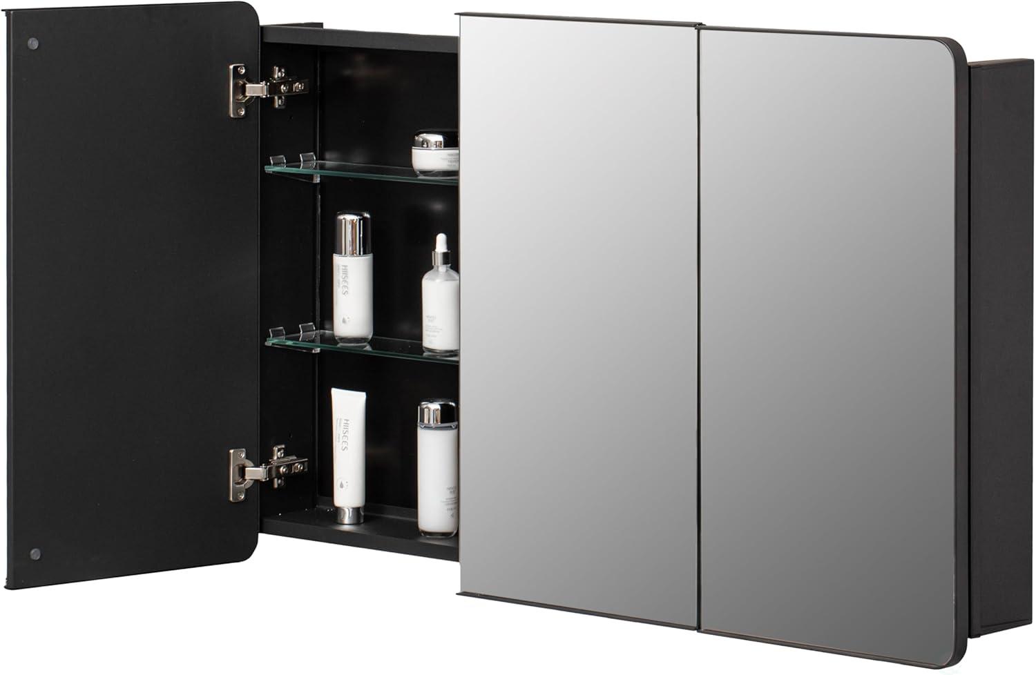 Basicwise 3-Door Aluminum Medicine Cabinet, Round Corner Frame, Surface or Recessed Mount, Mirrored Doors with Adjustable Glass Shelves, Matte Black