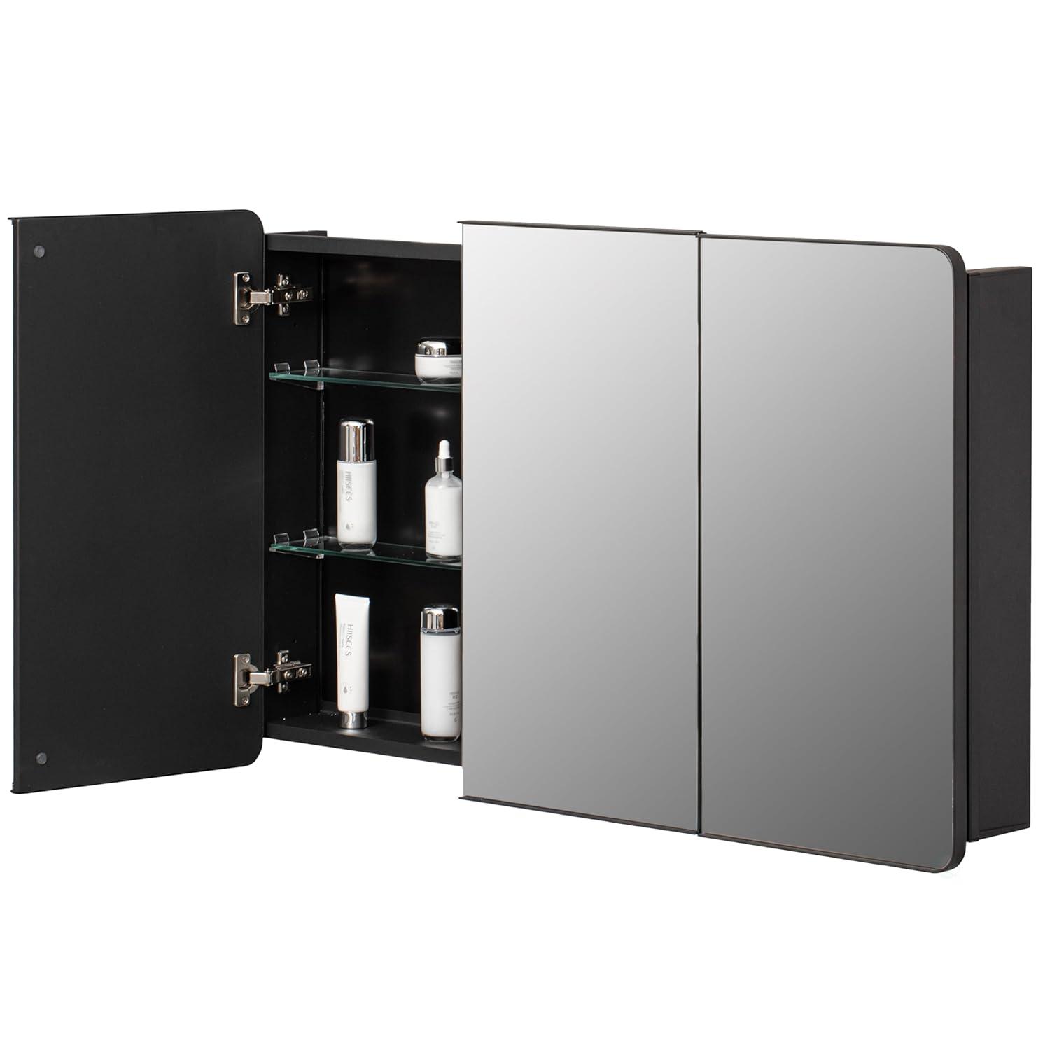 Basicwise 3-Door Aluminum Medicine Cabinet, Round Corner Frame, Surface or Recessed Mount, Mirrored Doors with Adjustable Glass Shelves, Matte Black