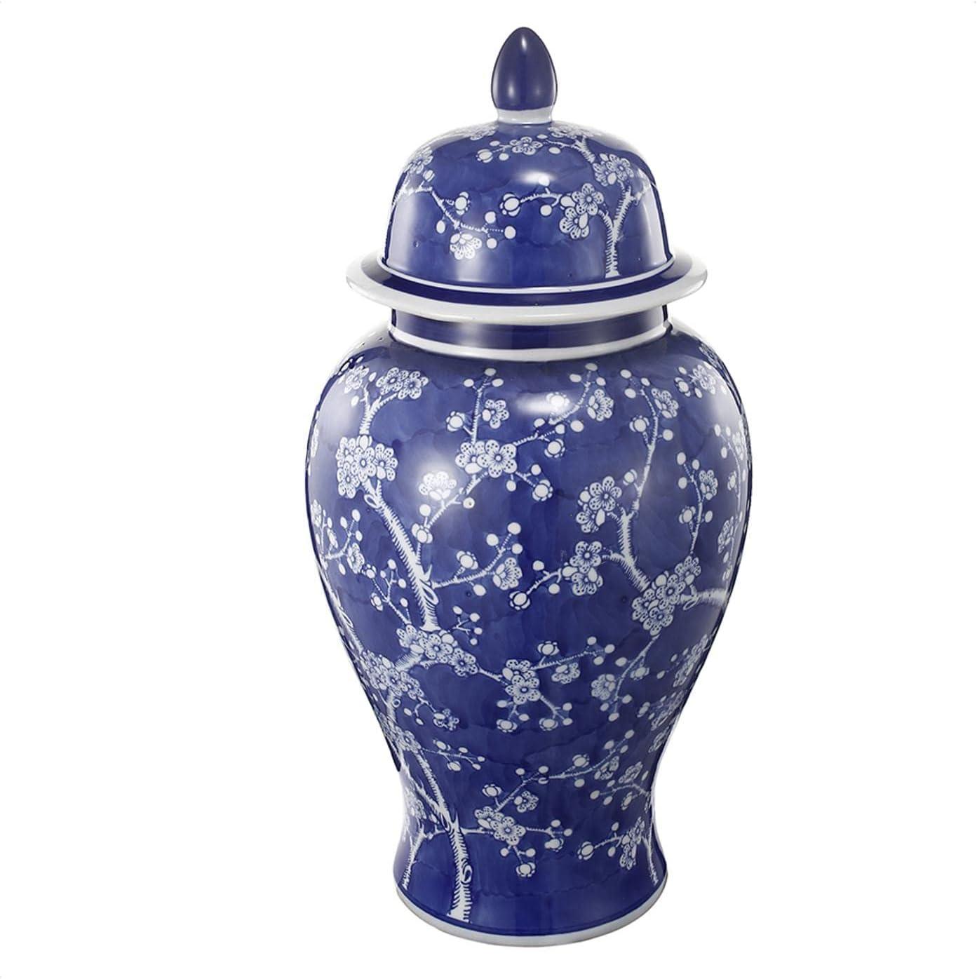 Blue and White Porcelain Ginger Jar with Lid, 18"