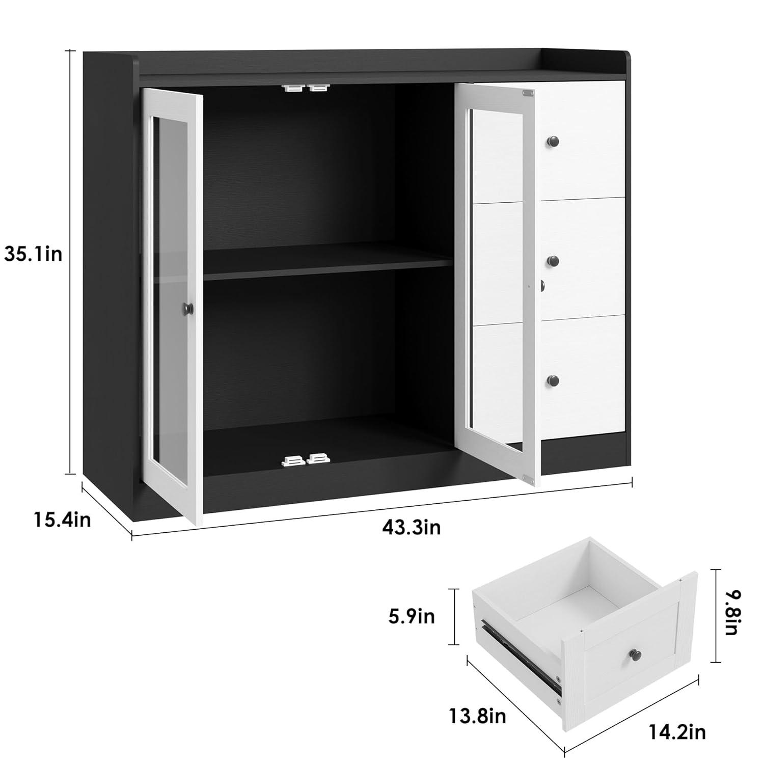 ZACOO Sideboard Buffet Cabinet With Storage, 43" Coffee Bar Cabinet With Glass Doors And 3 Drawers, Storage Cabinet With Adjustable Shelves
