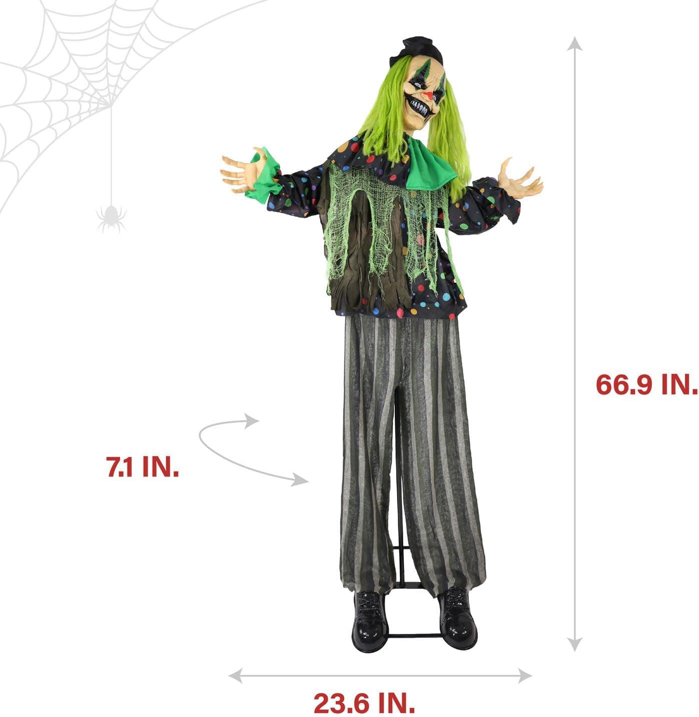 Haunted Hill Farm Lifesize Animatronic Clown with Lights and Sound, Indoor/Covered Outdoor Halloween Decoration