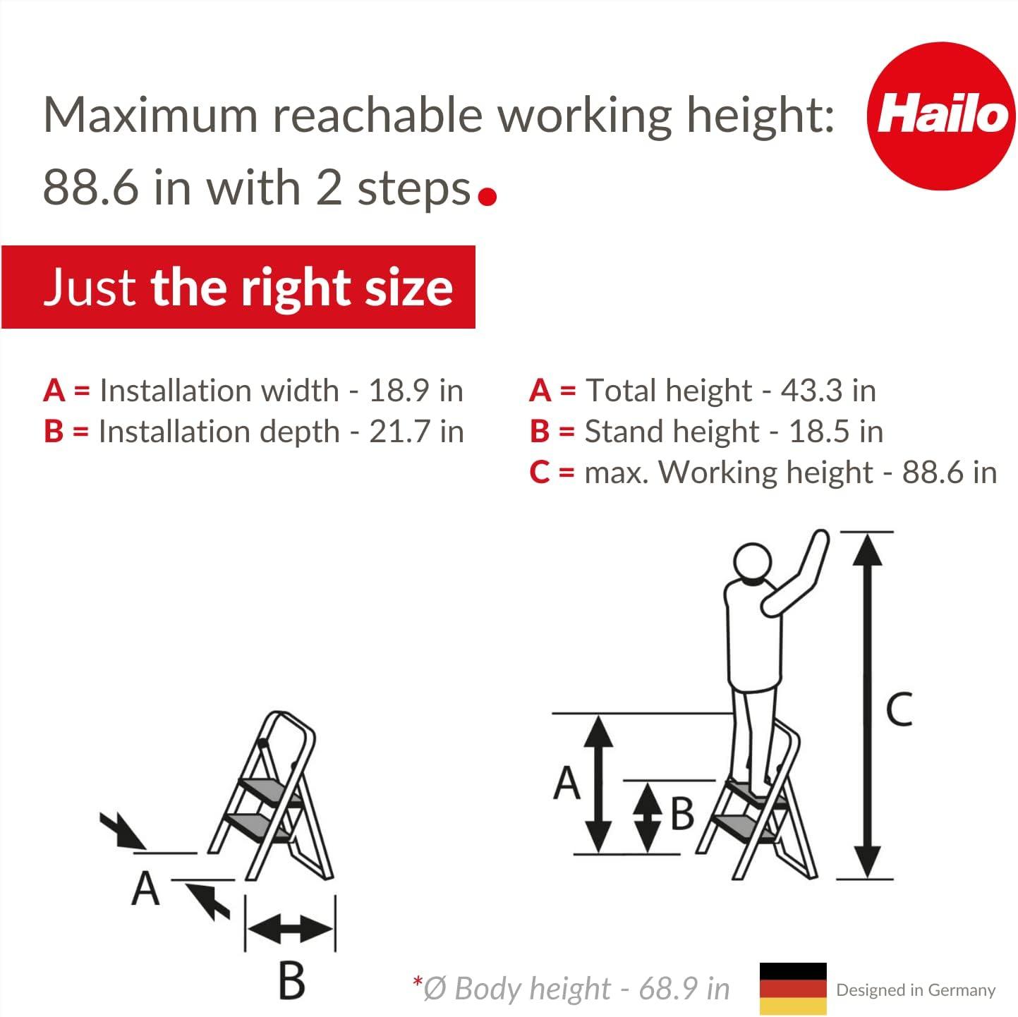 Hailo White Steel 2-Step Foldable Safety Ladder with Handrails