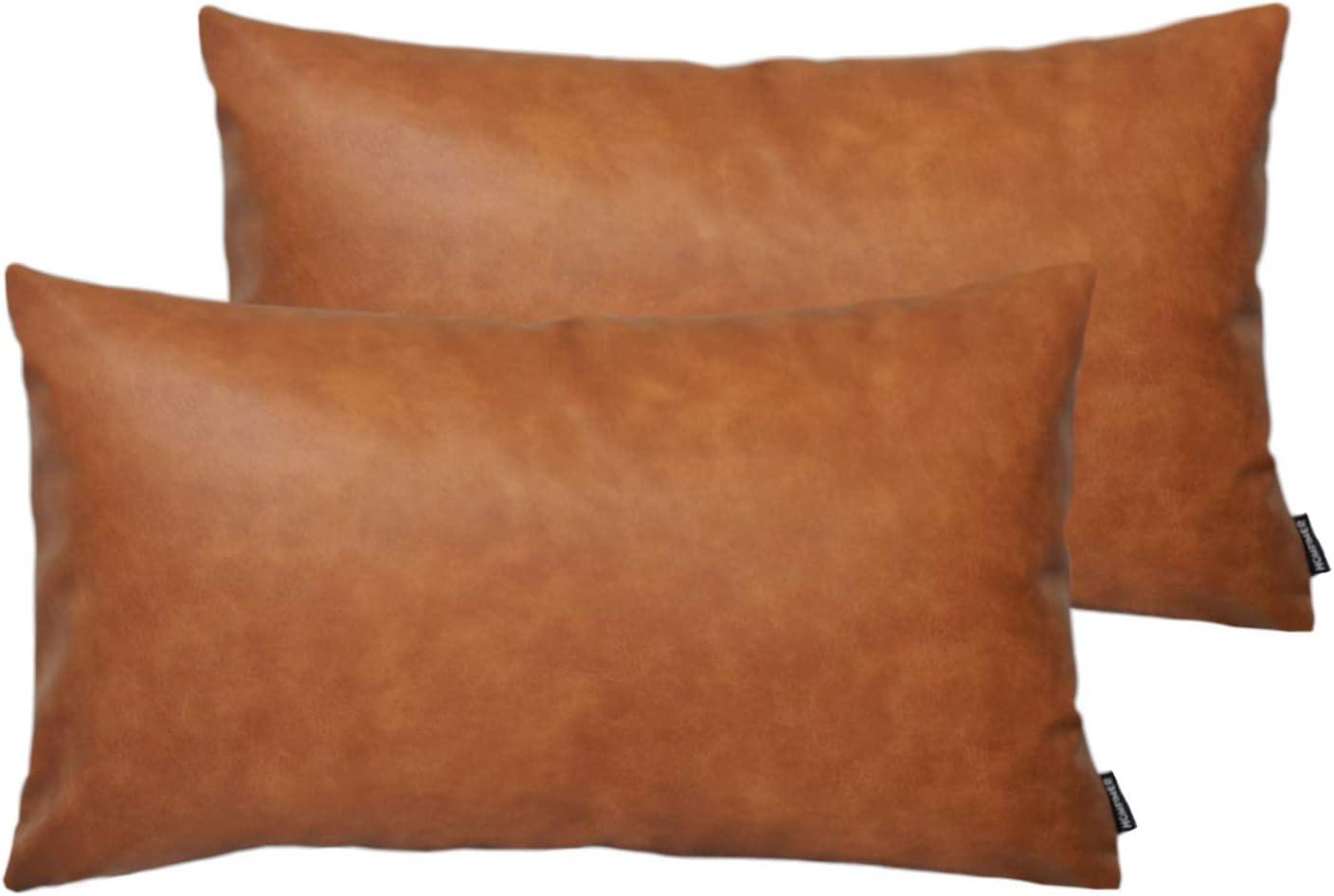 Cognac Brown Faux Leather Lumbar Pillow Covers 12x20 Set of 2