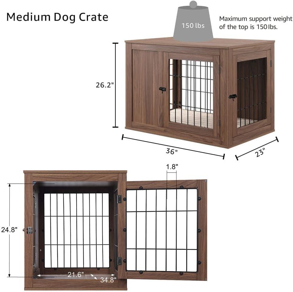 Unipaws Dog Crate End Table with Cushion, Wooden Wire Pet Kennels with Double Doors, Modern Design Dog House, Chew-Proof, Walnut