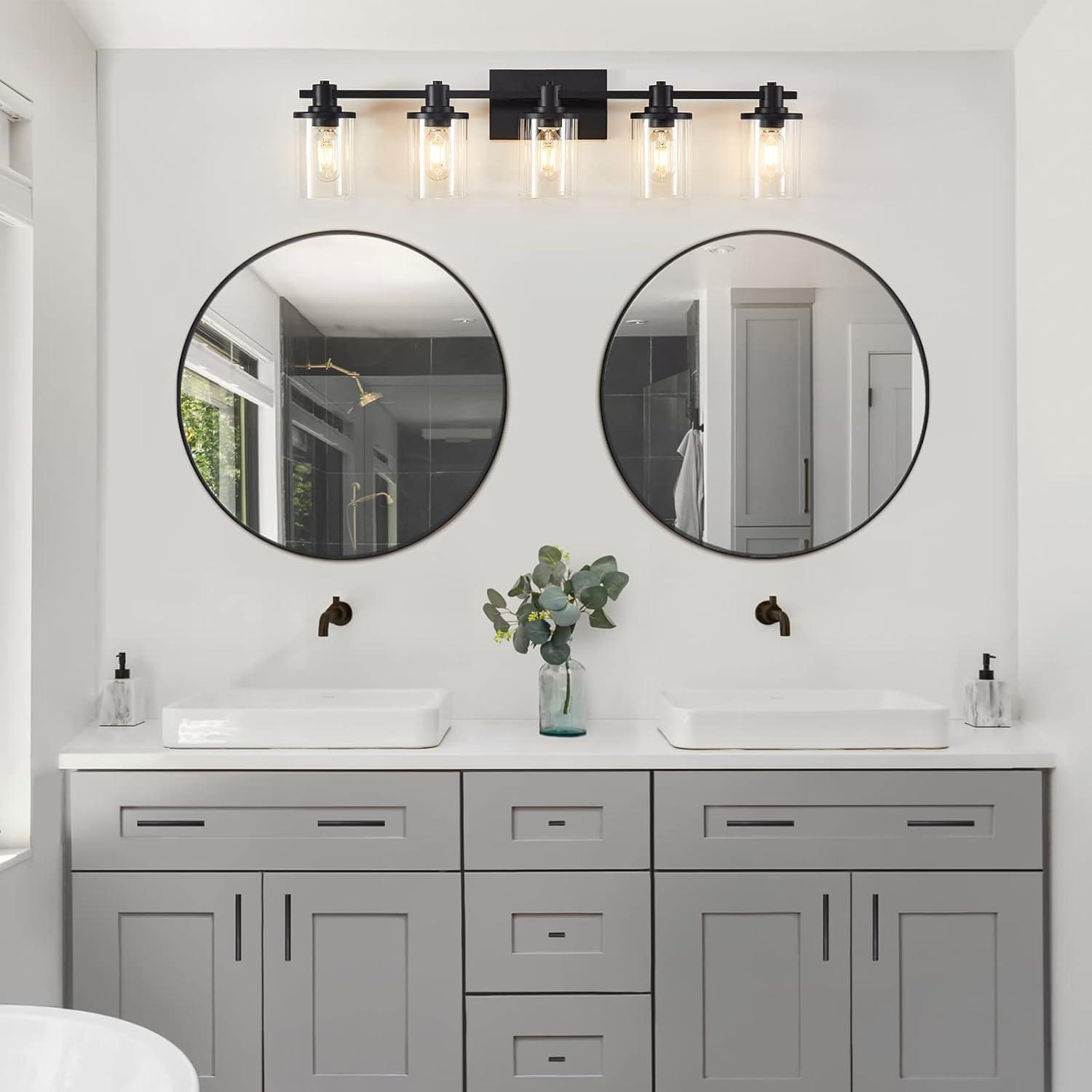 Matte Black 5-Light Bathroom Vanity Fixture with Glass Shades