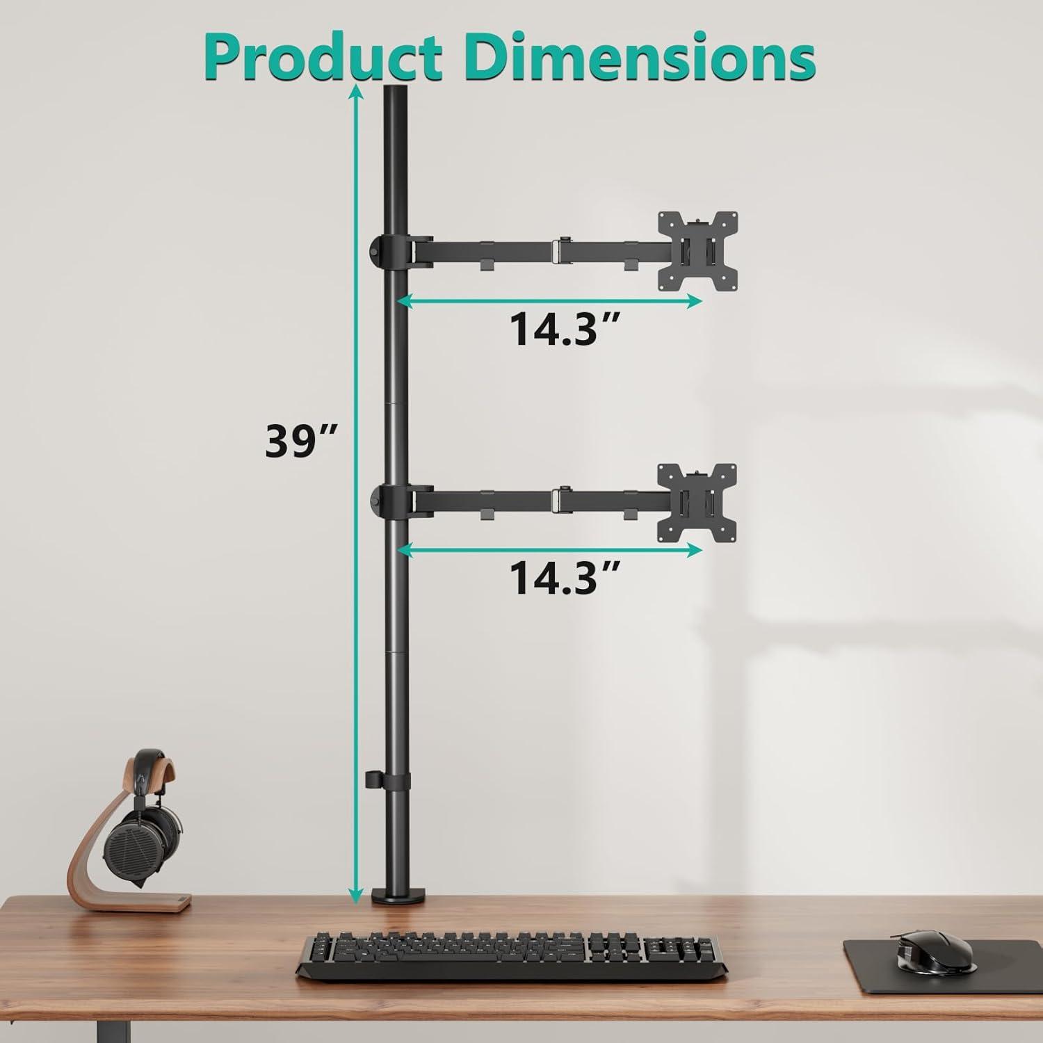 Black Dual Vertical Monitor Desk Mount with Adjustable Arms