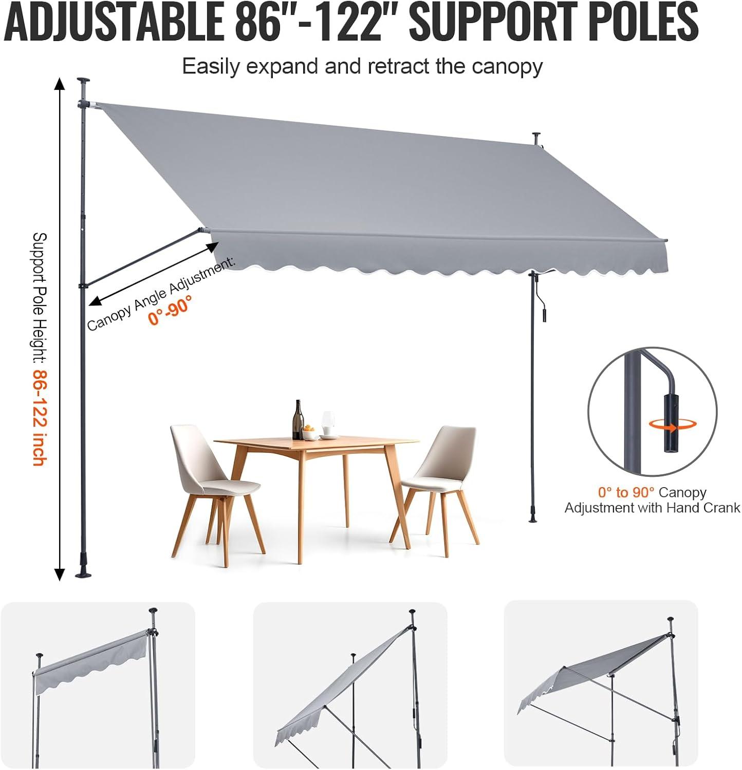 Gray Retractable Patio Awning with Manual Crank Handle