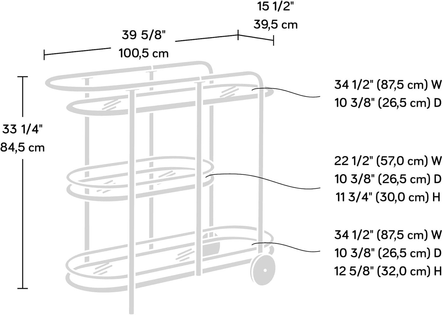 Sauder Coral Cape Metal Cart with Glass Tinted/Black: 3-Tier, Safety-Tempered, Rolling Storage