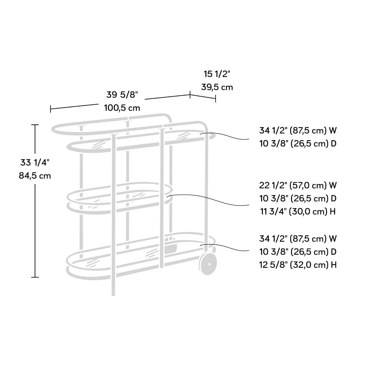 Sauder Coral Cape Metal Cart with Glass Satin Gold: 3-Tier, Safety-Tempered, Mobile