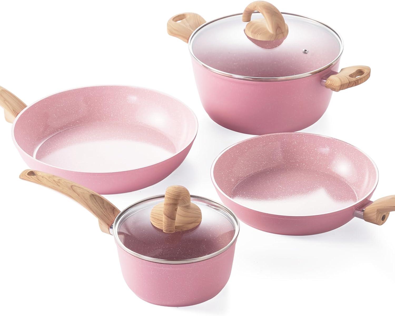 Pink Ceramic Non-Stick Cookware Set with Wood Handles