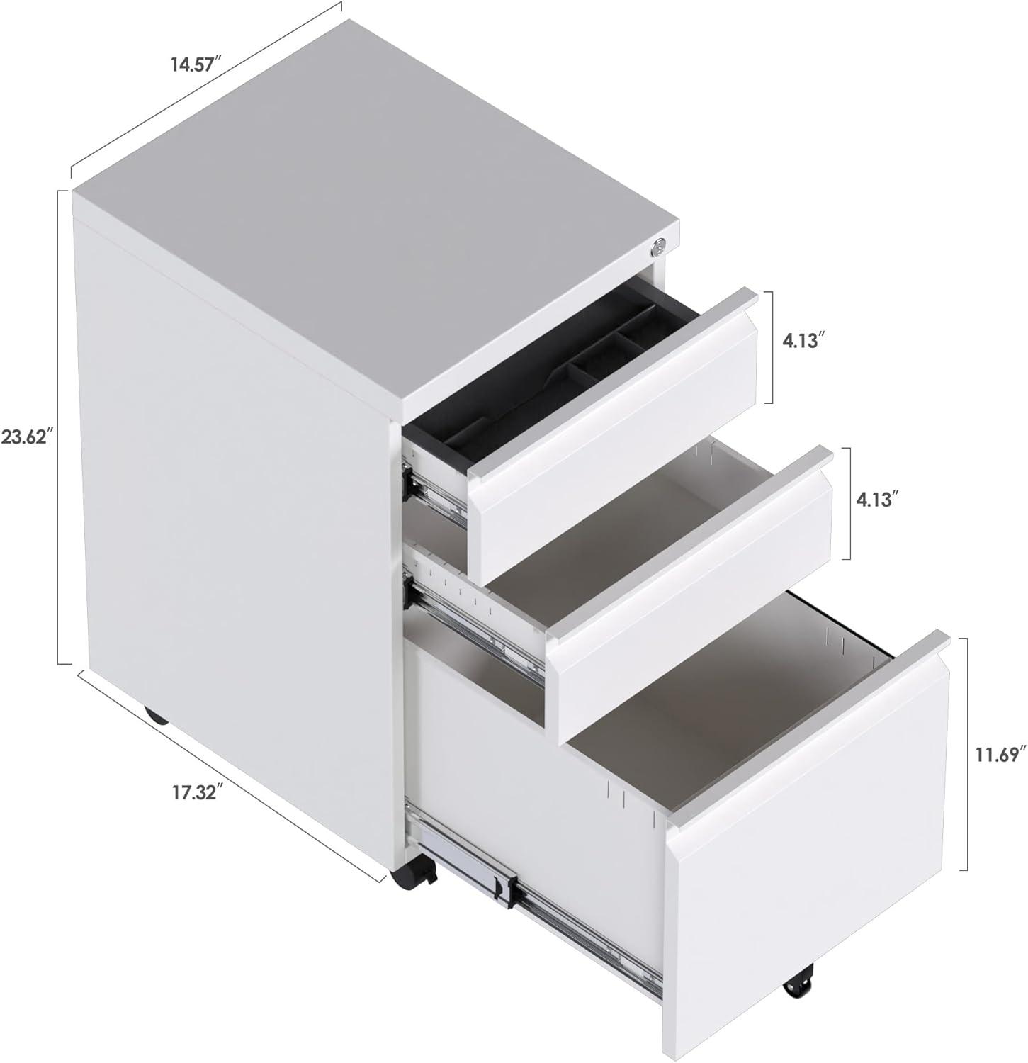 U-SHARE Mobile File Cabinet, 3 Drawer Locking Filing Cabinet, Under Desk Office Metal Storage Cabinet on Wheels for Legal/Letter/A4 File (Fully Assembled Cabinet,White)