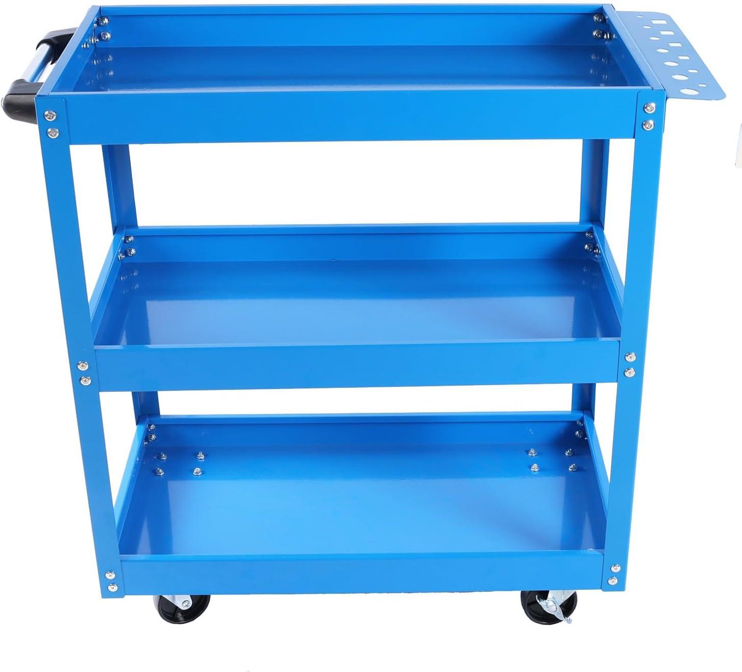 Blue 3-Tier Heavy Duty Steel Utility Cart with Lockable Wheels