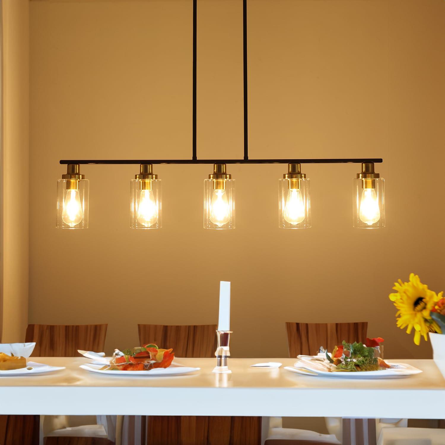Island Light for Kitchen, 5 Lights Dining Room Lights Fixture with Clear Glass Shade, Matte Black and Gold Finish Pendant Lighting Over Table - ETL Listed