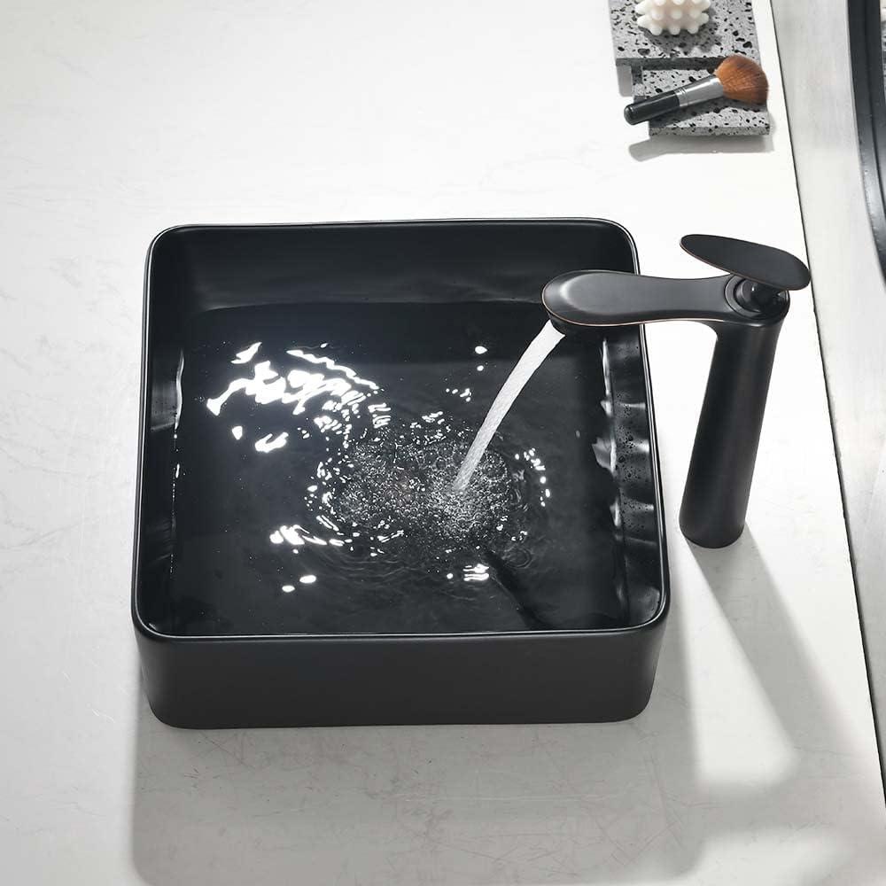 Matte Black Square Ceramic Above-Counter Vessel Sink with Pop-Up Drain