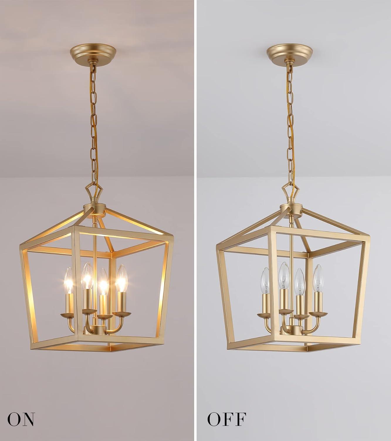 DUFEI Brushed Gold Chandelier, Modern 4-Lights Lantern Foyer Lighting Fixture for Dining Room, Kitchen Island, Bedroom and Living Room