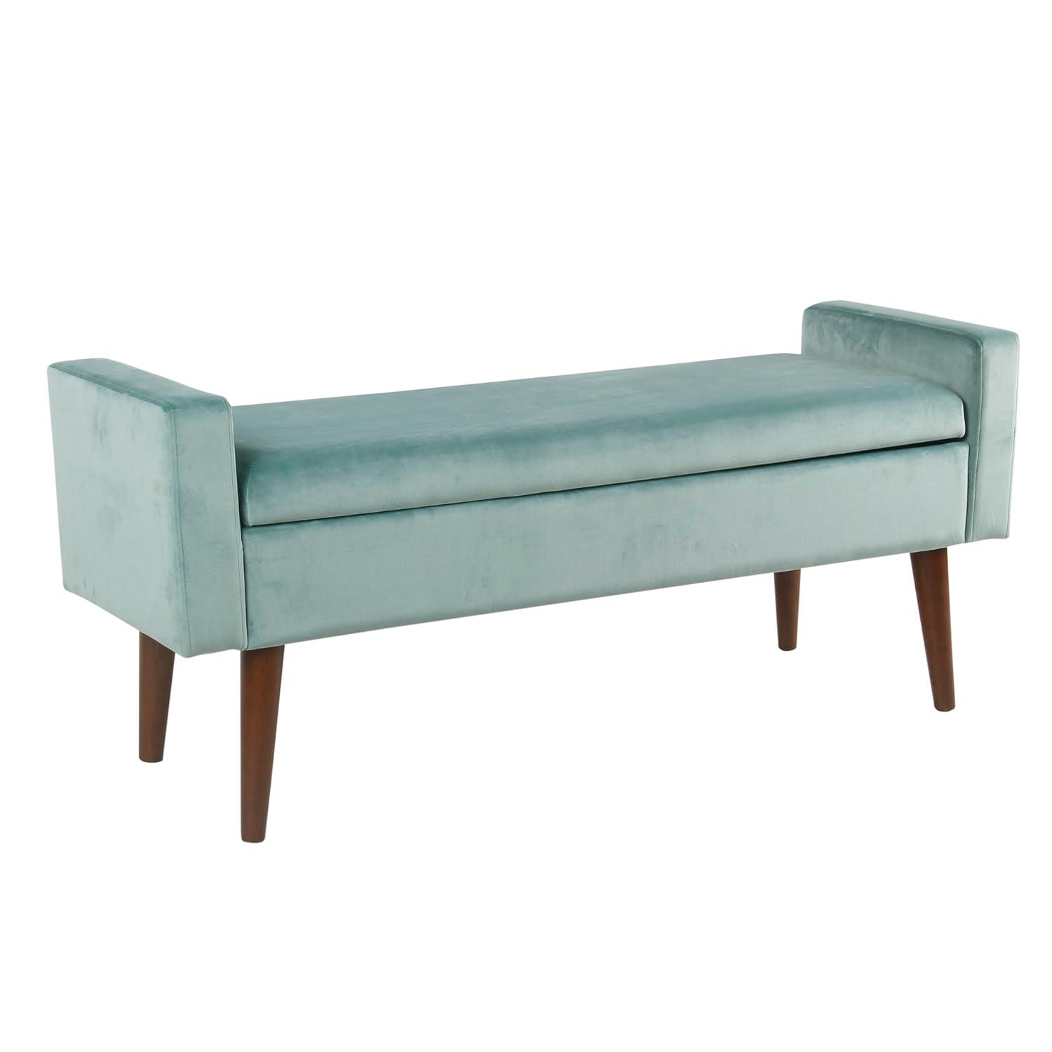 HomePop Fulton Velvet Storage Bench Aqua Blue: Mid-Century, Hinged Lid, Upholstered, Plywood Frame