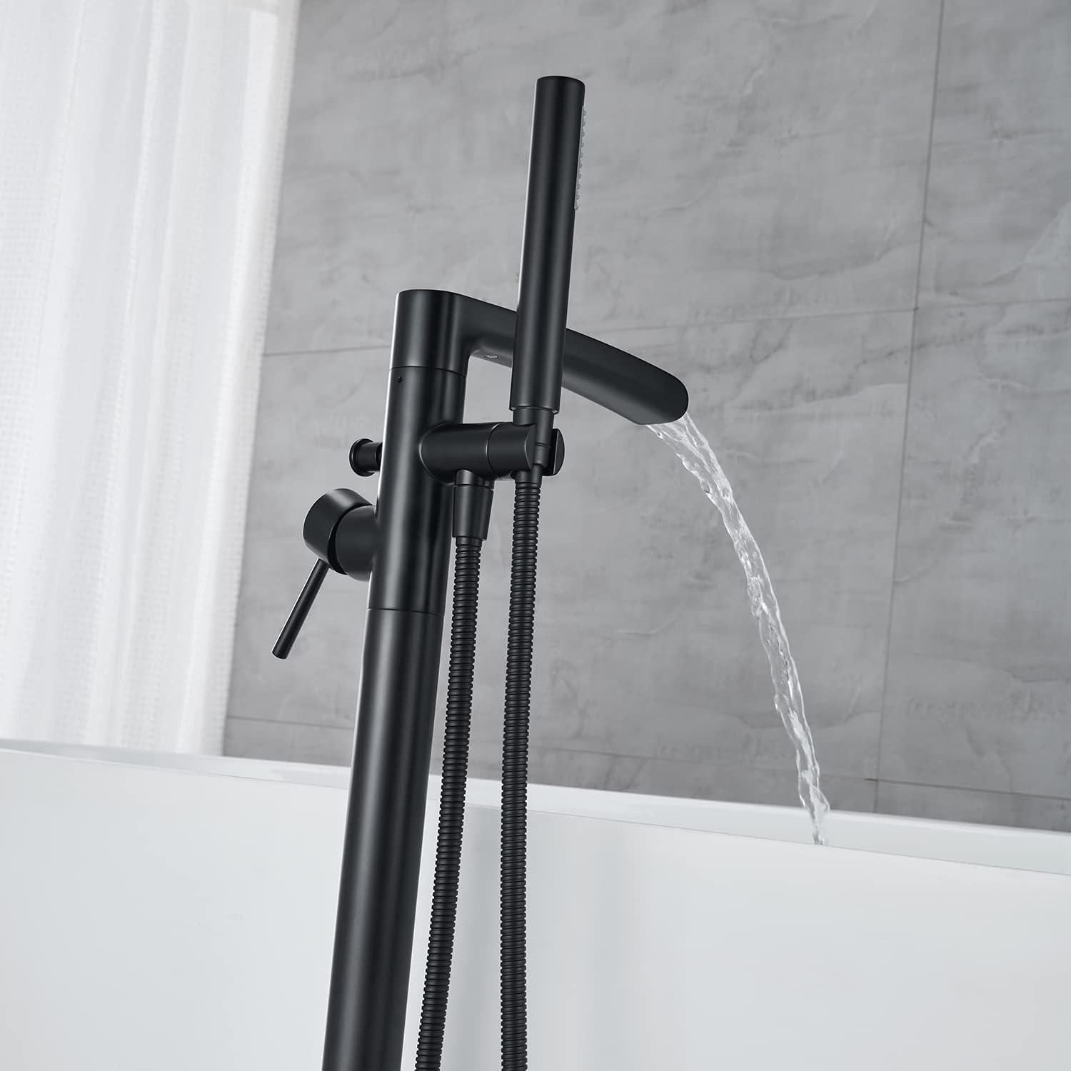 MOGFCT Waterfall Freestanding Bathtub Faucet Set Single Handle Floor Mount Tub Filler with Hand Shower ,Matte Black