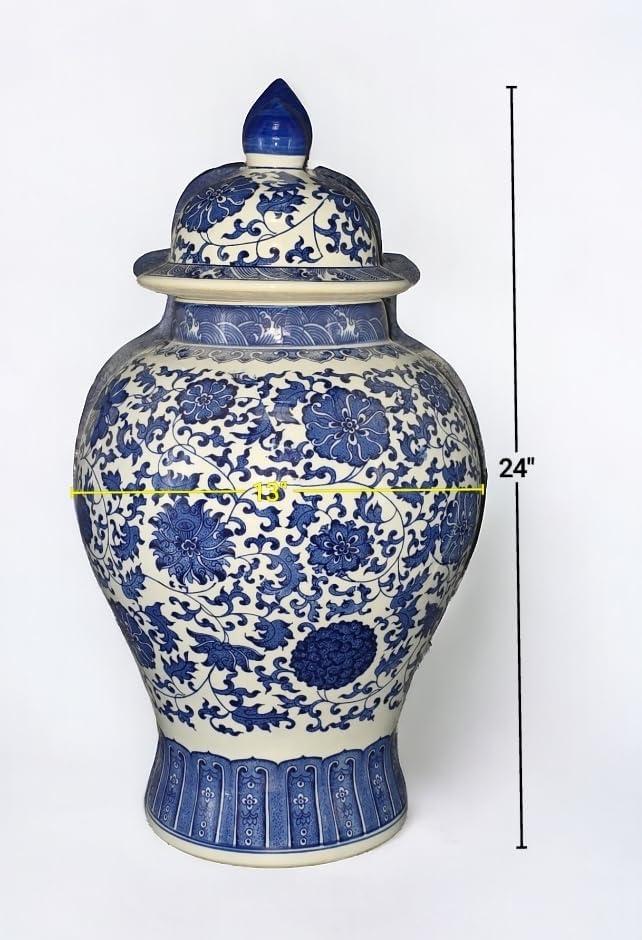 24" Floral Blue & White Porcelain Temple Jar