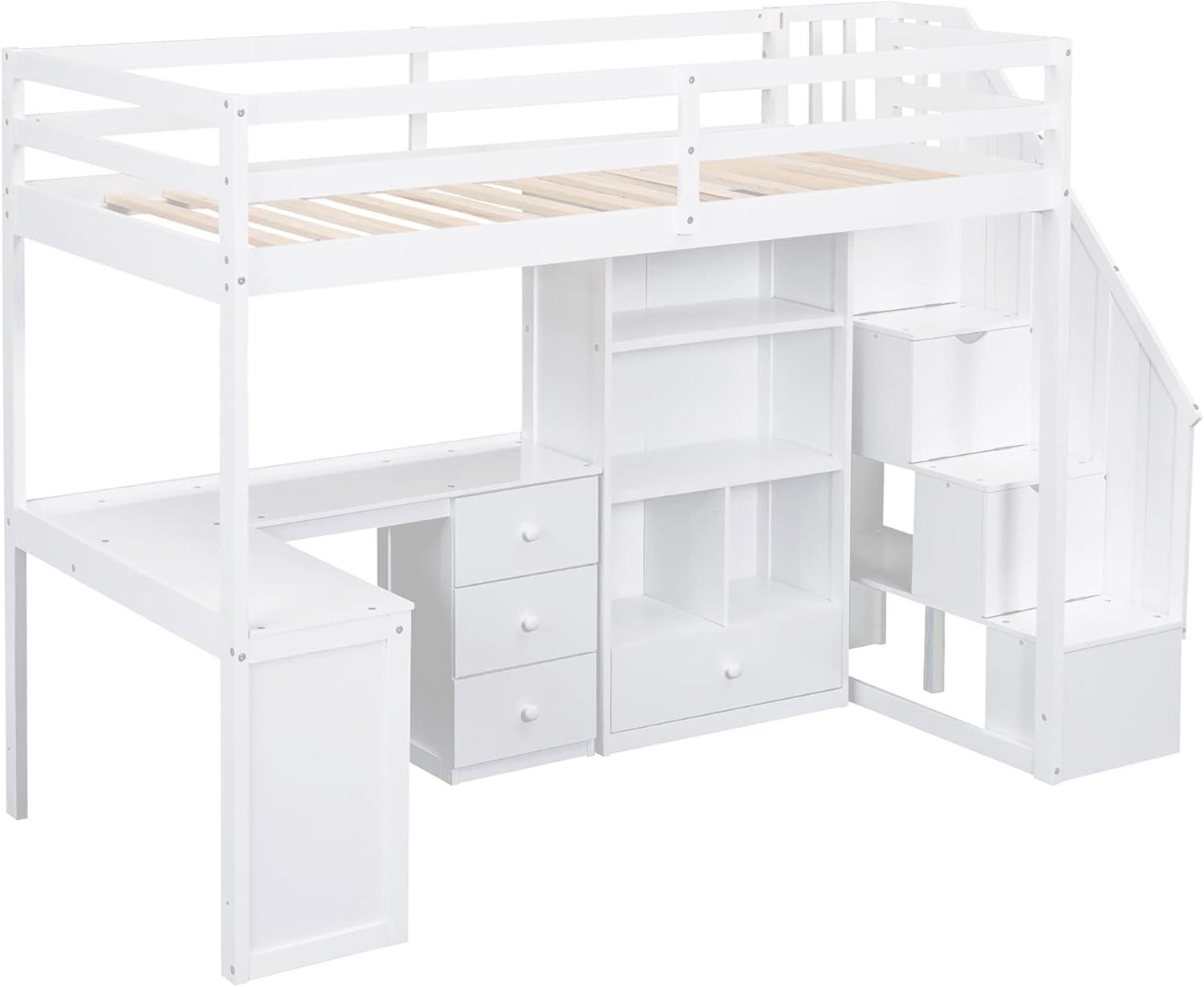 Bellemave Twin Size Loft Bed with Desk and Stairs Wood Loft Beds with Storage Cabinet and Bookcase High Loft Bed Frame with Staircase Shelves for Kids, Teen, Boys, Girls, White
