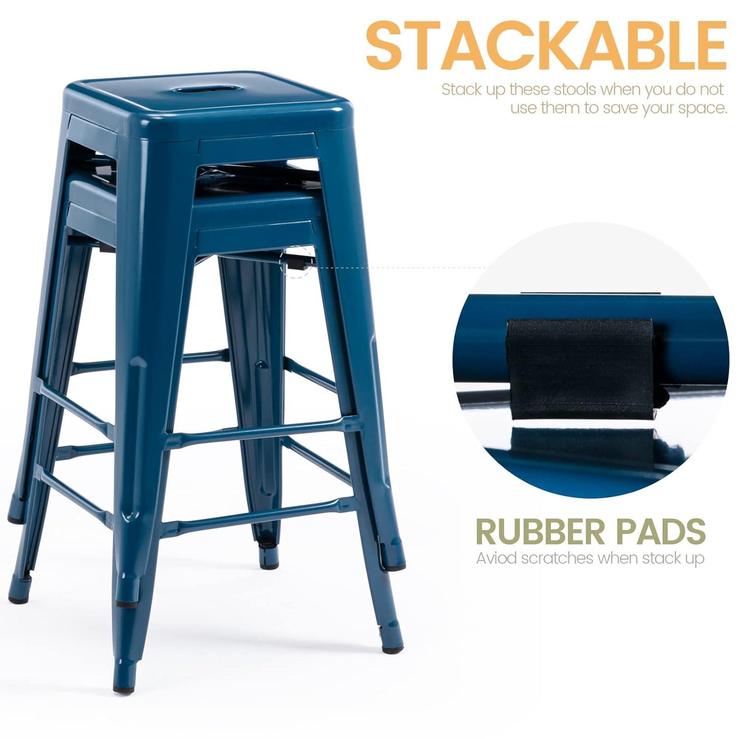 Vogue Furniture Direct 24 Inch Metal Bar Stools, Backless Counter Height Barstools, Indoor Outdoor Stackable Stools with Square Seat, Set of 2 (Deep Blue)
