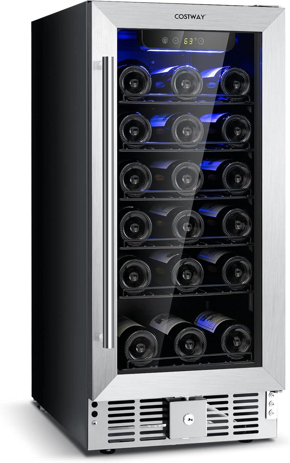 Costway 15'' Wine Beverage Cooler Refrigerator 30-Bottle Freestanding Built-in Fridge