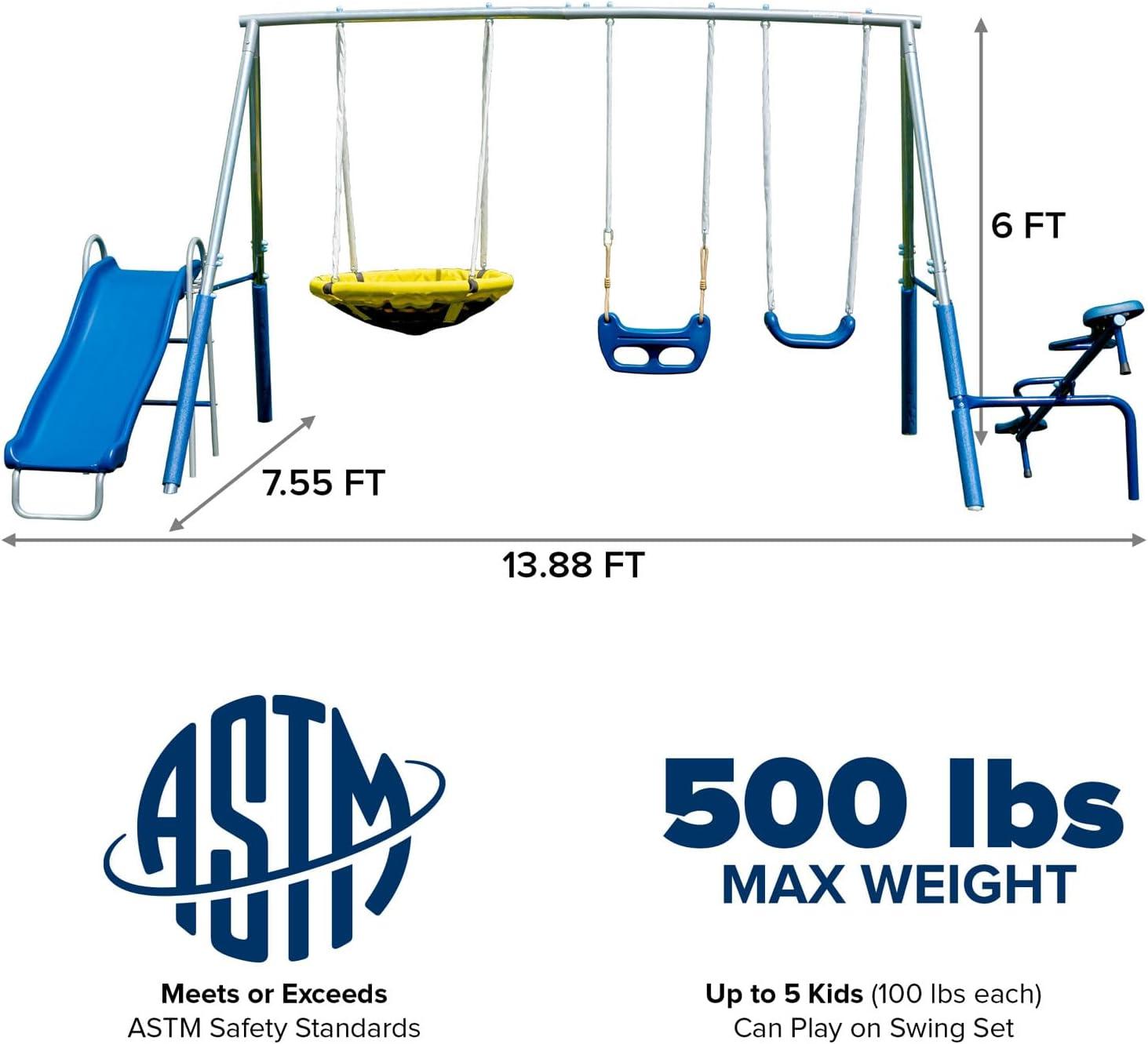 Taylor White and Blue Metal Swing Set with Slide and Teeter Totter