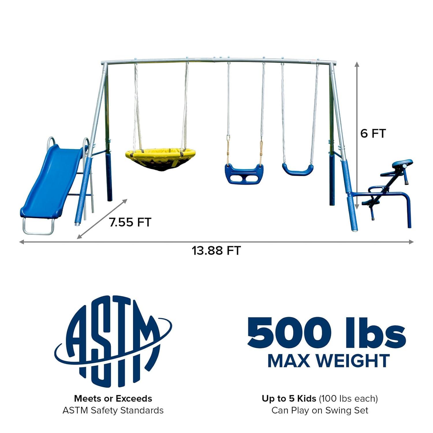 Sportspower Sportspower Taylor Galvanized Metal Swing Set With Blow Molded Swing, Standing Swing, 2 Person Teeter Totter, 32" Saucer Swing, And 5' Slide, Bonus 4pc Anchor Kit Included