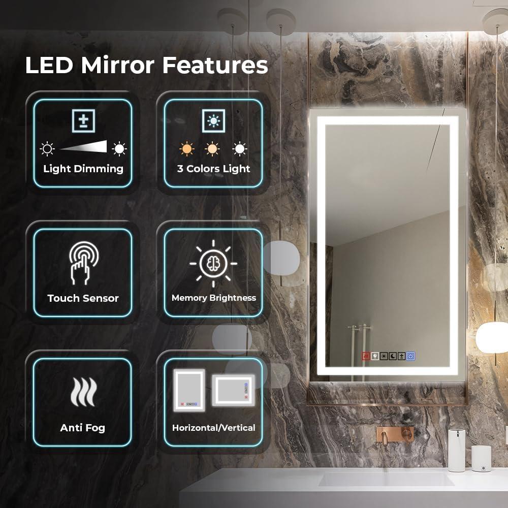 20"x30" inches LED Dimmable Bathroom Mirror Rectangle LED Lighted Wall Mounted Mirror for Vanity Room with Touch Button and Anti-Fog Function by Fab Glass and Mirror