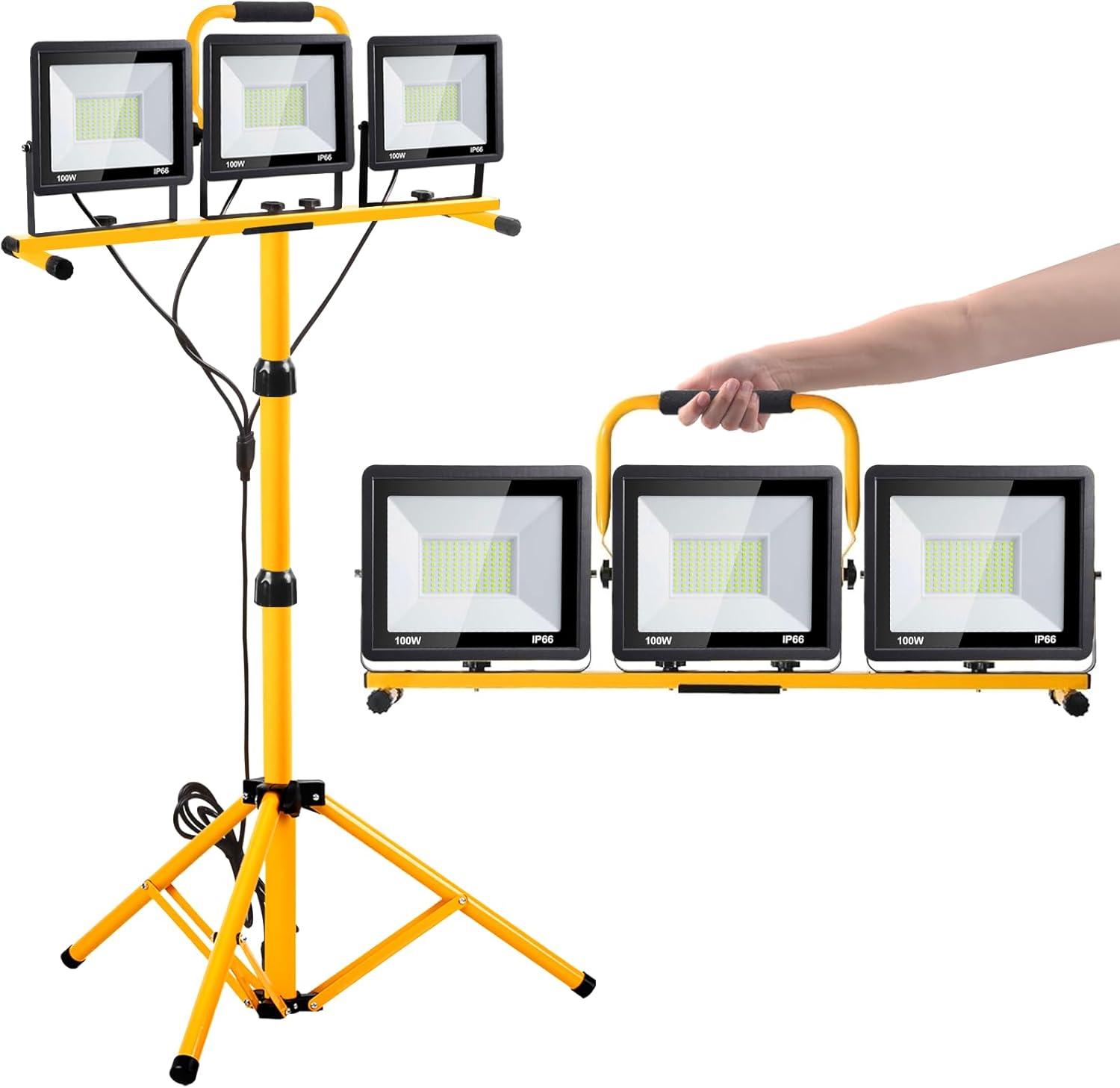 21000 Lumen Work Lights with Stand，3 Adjustable Head LED Work Light, with Adjustable and Foldable Tripod Stand, Waterproof Lamp with Individual Switch with 6500 Kelvin Color Temperature