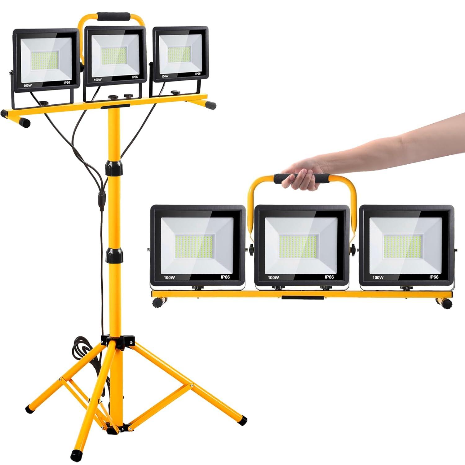 21000 Lumen Work Lights with Stand，3 Adjustable Head LED Work Light, with Adjustable and Foldable Tripod Stand, Waterproof Lamp with Individual Switch with 6500 Kelvin Color Temperature