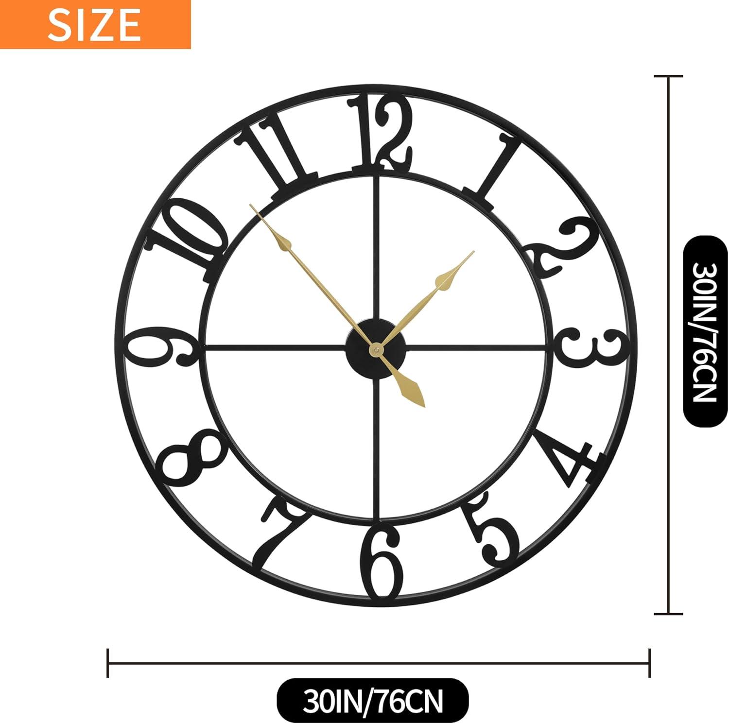 Large Vintage Round Metal Wall Clock Silent Non Ticking Battery Operated Black Roman Numerals Clocks For Living Room Bedroom Kitchen Decoration