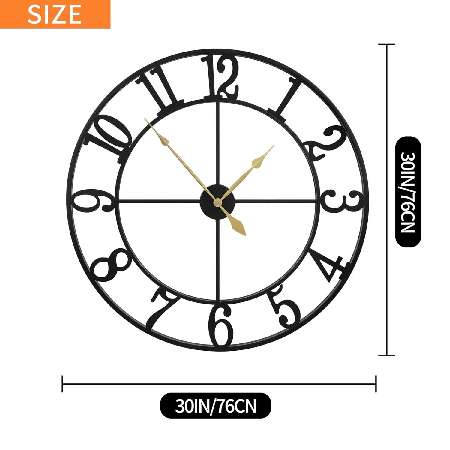 Large Vintage Round Metal Wall Clock Silent Non Ticking Battery Operated Black Roman Numerals Clocks For Living Room Bedroom Kitchen Decoration