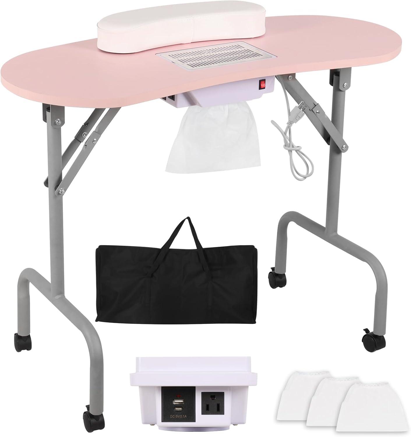 Portable Manicure Table Foldable Nail Desk with Large Drawer Nail Tech Table for Technician Salon Workstation Client Wrist Cushion/Carry Bag/4 Lockable Wheels, 36-inch, Pink