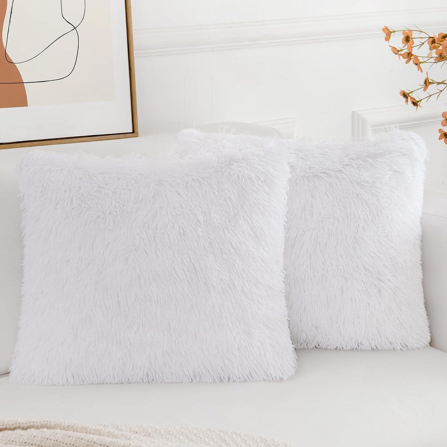Fluffy White Faux Fur Pillow Covers   Set of 2, Cozy and Soft, 18x18 Inch, Invisible Zipper