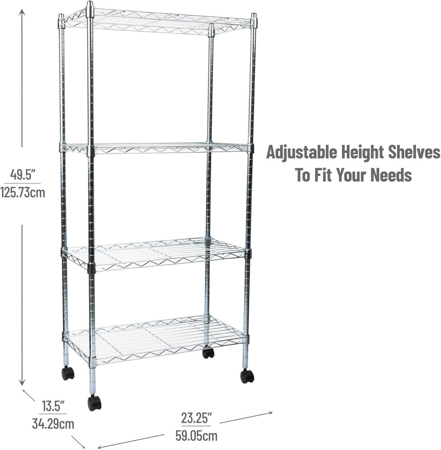 Mind Reader Adjustable 4-Tier Heavy Duty Utility Rolling Cart and Mobile Chrome Steel Shelf Organizer