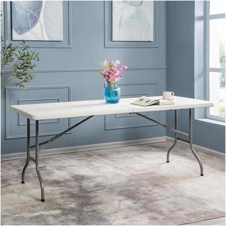 6ft Folding Table Multipurpose Foldable Dinner Table Portable Folding Rectangular Resin Table for Outdoor Camping Picnic Party by Naomi Home - White