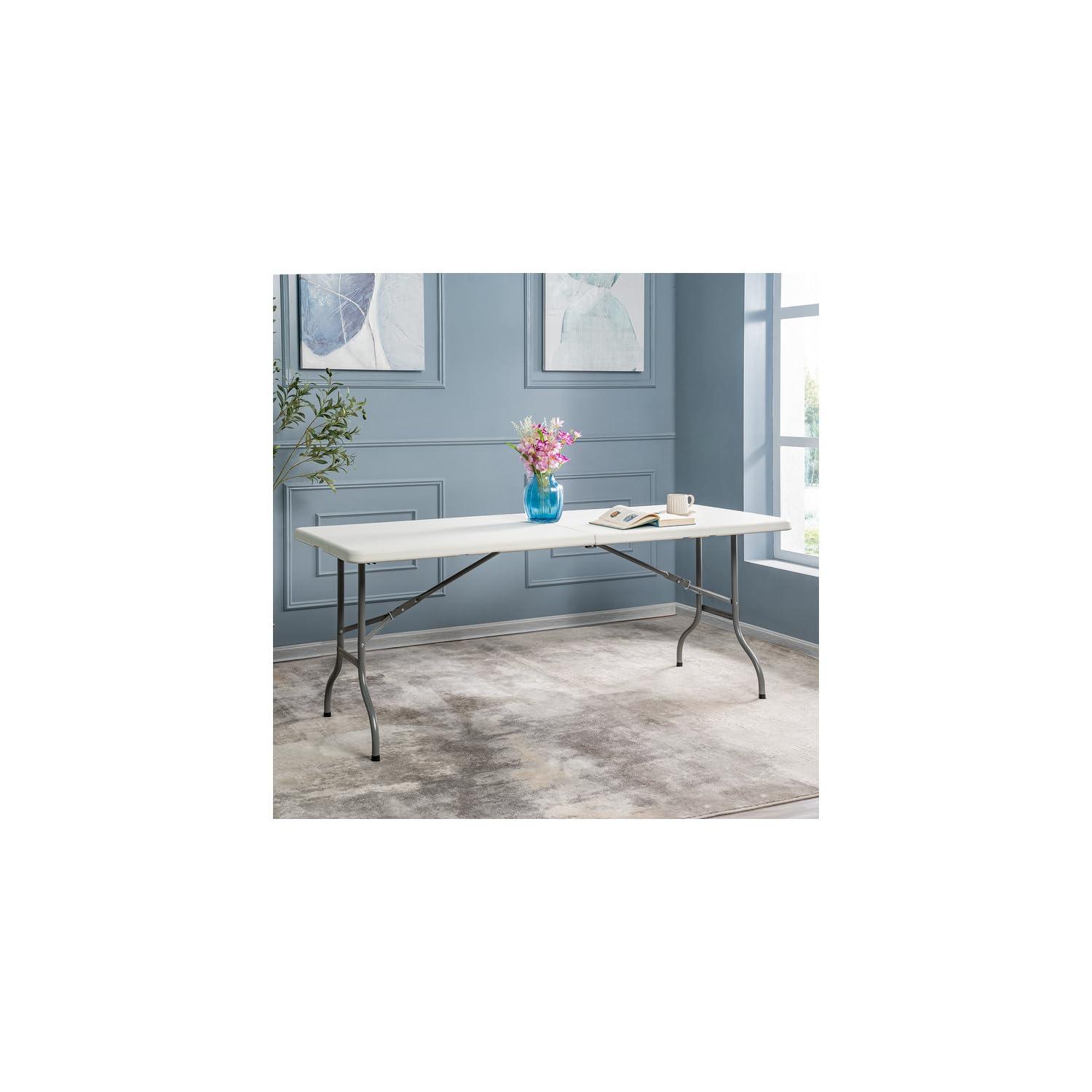 6ft Folding Table Multipurpose Foldable Dinner Table Portable Folding Rectangular Resin Table for Outdoor Camping Picnic Party by Naomi Home - White