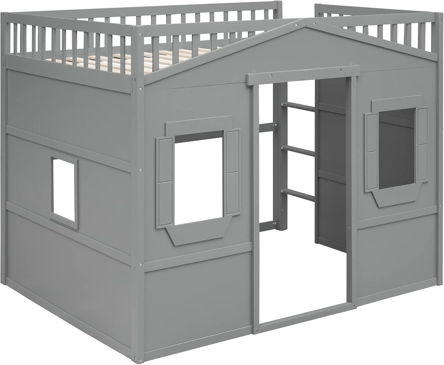 Full Size House Loft Bed Frame, Wooden House Shaped Bed Frame with Ladder, Windows and Safety Guardrails, Playhouse Loft Bed Frame for Bedroom Guest Room Dorm Apartment, Gray