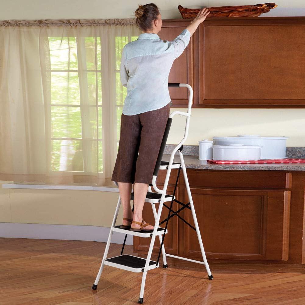 Collections Etc. Folding Anti-Slip Safety Step Ladder with Handrail Grips for Home or Office, Four Steps, 62.5 inches tall, White, White
