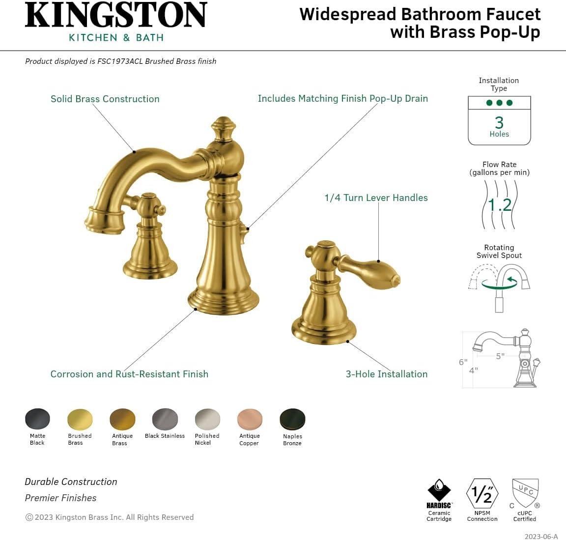 Kingston Brass American Classic Two-Handle 3-Hole Deck Mount Widespread Bathroom Faucet with Pop-Up Drain