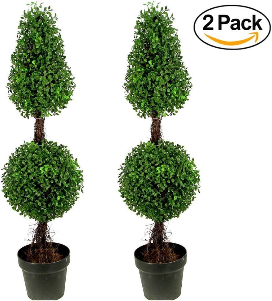 36'' Green Artificial Boxwood Double Ball Topiary in Plastic Pot