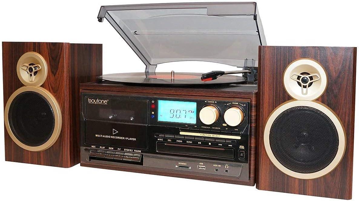 Mahogany Bluetooth Record Player Turntable with Stereo Speakers