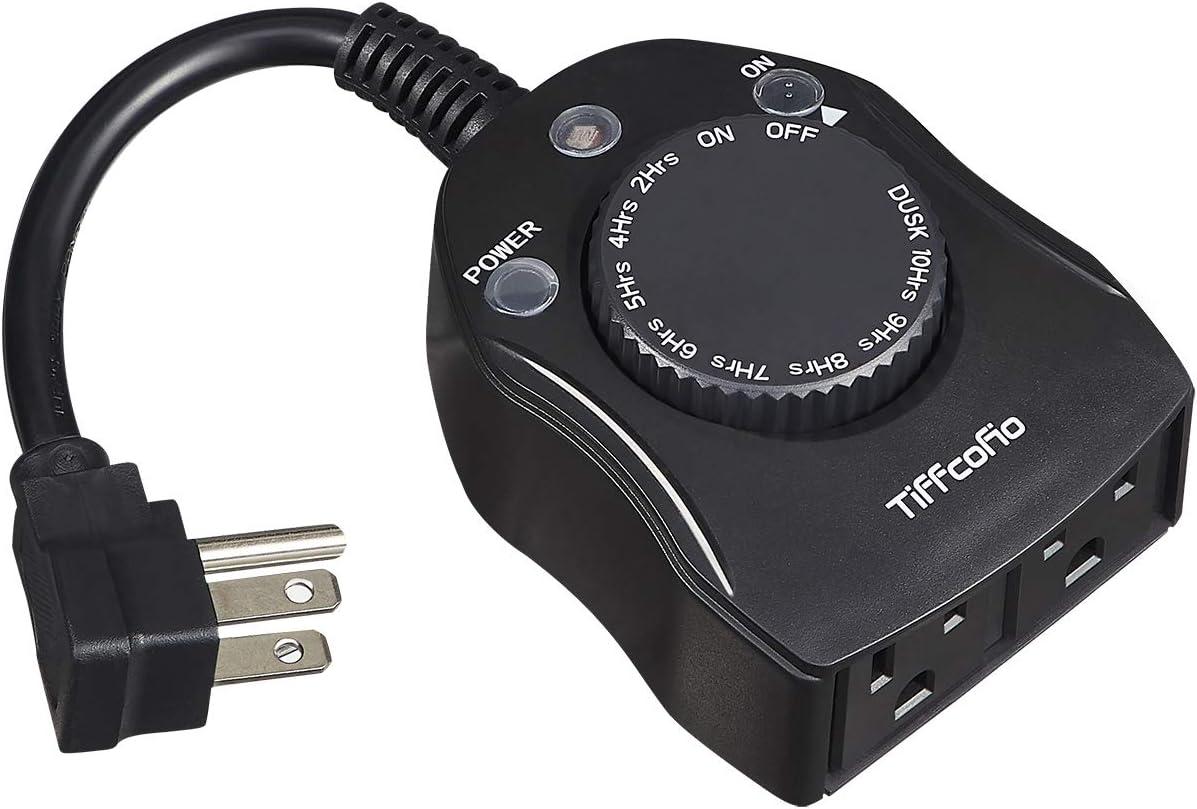 Outdoor Timer Outlet, Dusk to Dawn Light Sensor Timer, Outdoor Light Timer for Electrical Outlets Weatherproof, 2 Grounded Outlets for Christmas Lights, 15A 1/2HP, CSA Listed (1 Pack)