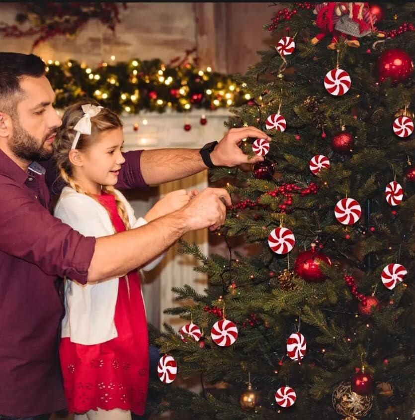 Candy Cane Christmas Decorations, 50Pcs Plastic Fake Candy Peppermint Candy Ornaments for Xmas Holiday Decor Party Favors Crafts