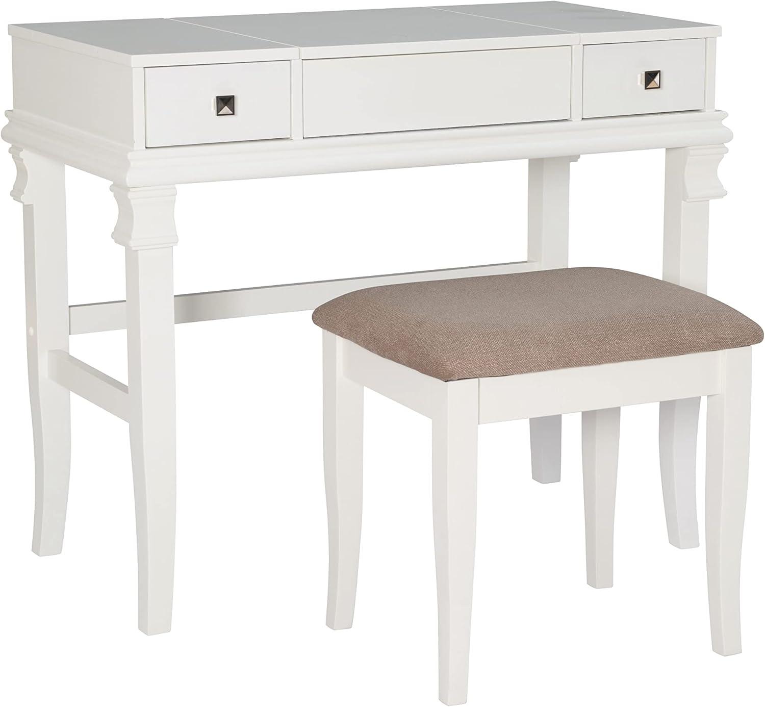 Linon Angela Wood Vanity & Padded Beige Stool 2 Drawers Flip Up Mirror in White