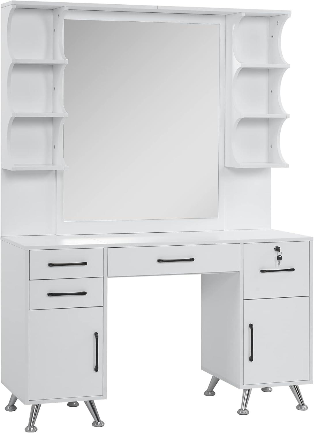 BarberPub Vanity Table Set with Mirror Makeup Styling Barber Station with Drawer Modern Black 3143