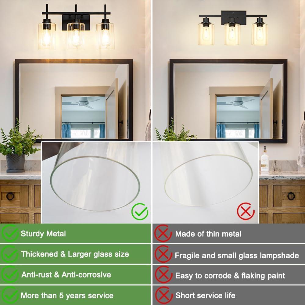 3-Light Bathroom Light Fixtures Bathroom Vanity Lights with Clear Glass Shades Matte Black Bathroom Light Fixtures over mirror for Mirror Living Room Cabinet Bedroom Porch