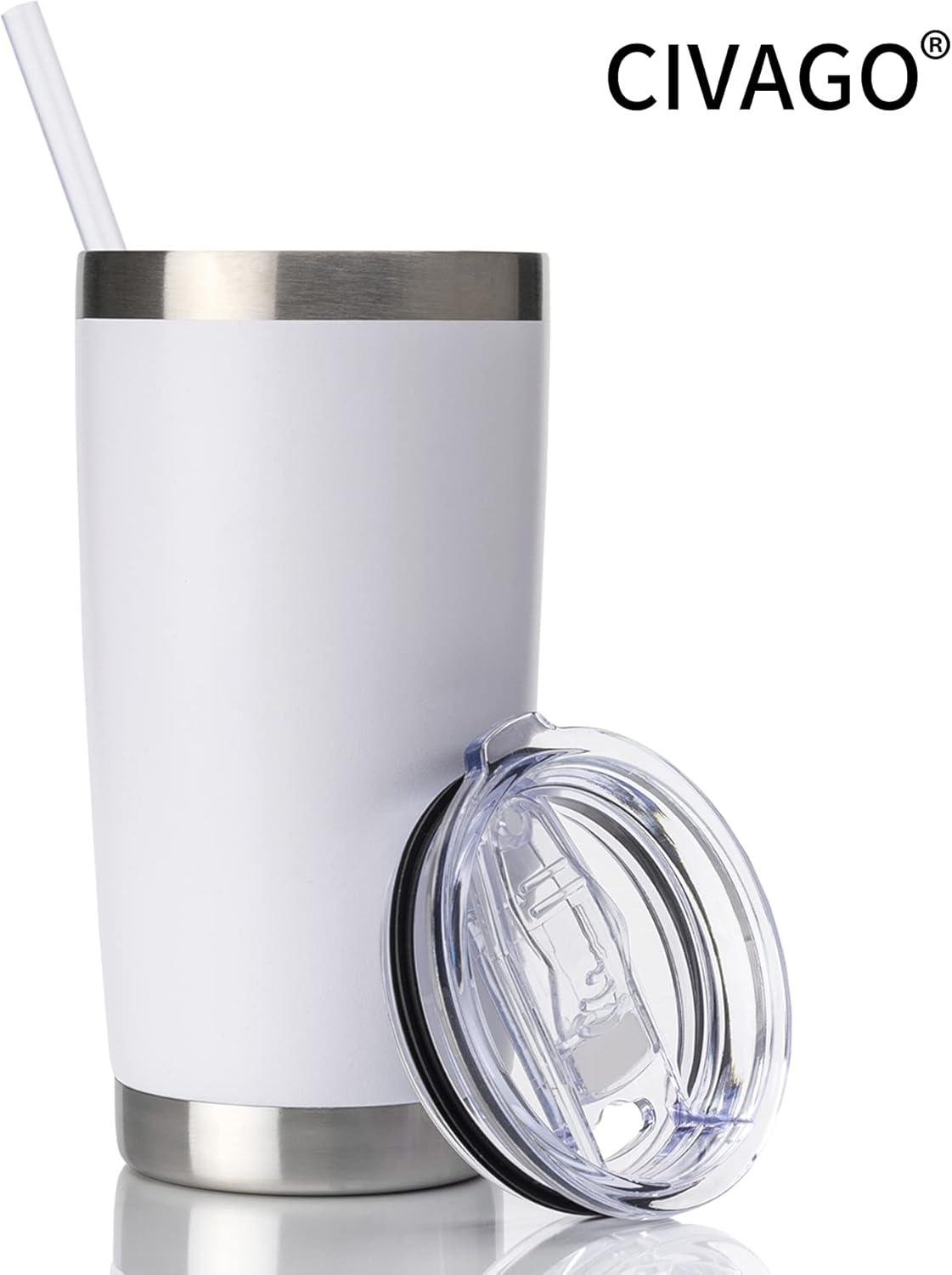 20oz Tumbler with Lid and Straw, Stainless Steel Vacuum Insulated Coffee Tumbler Cup, Double Wall Powder Coated Travel Mug (White, 1 Pack)