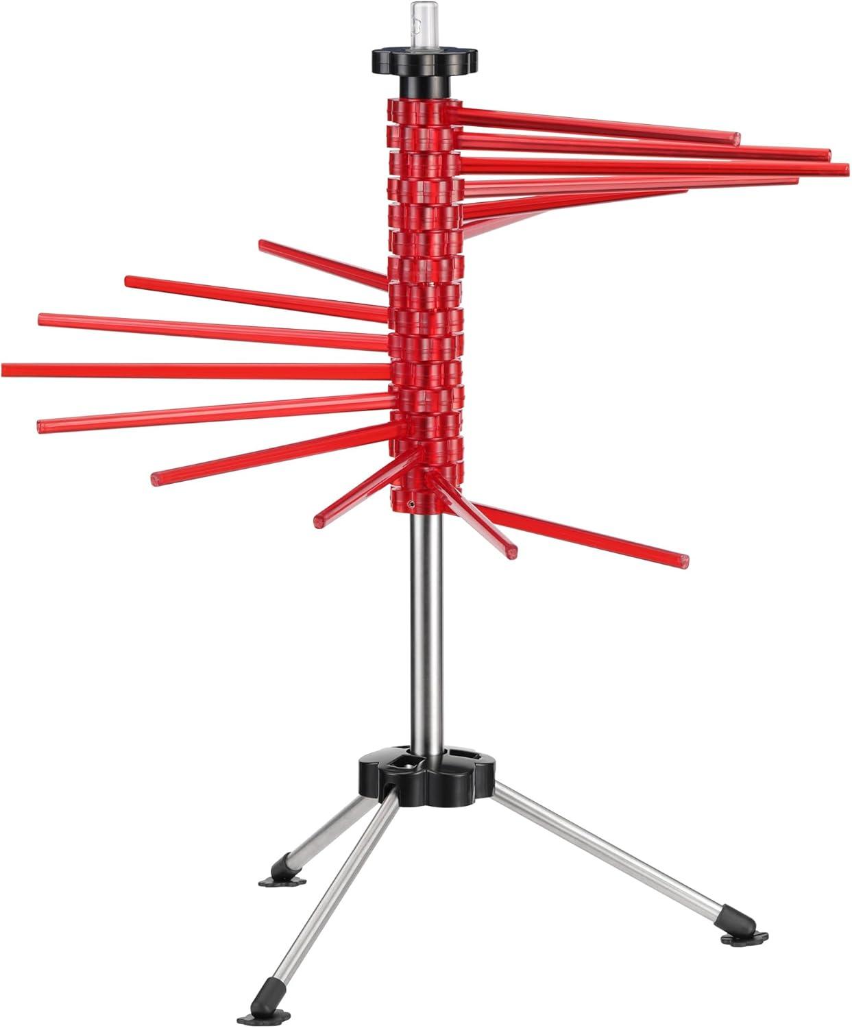 Navaris Collapsible Pasta Drying Rack - Tall Compact Spaghetti Noodle Stand with 16 Plastic Rods - Fresh Pasta Making Accessories - up to 2 kg (4.5 lbs) - Red
