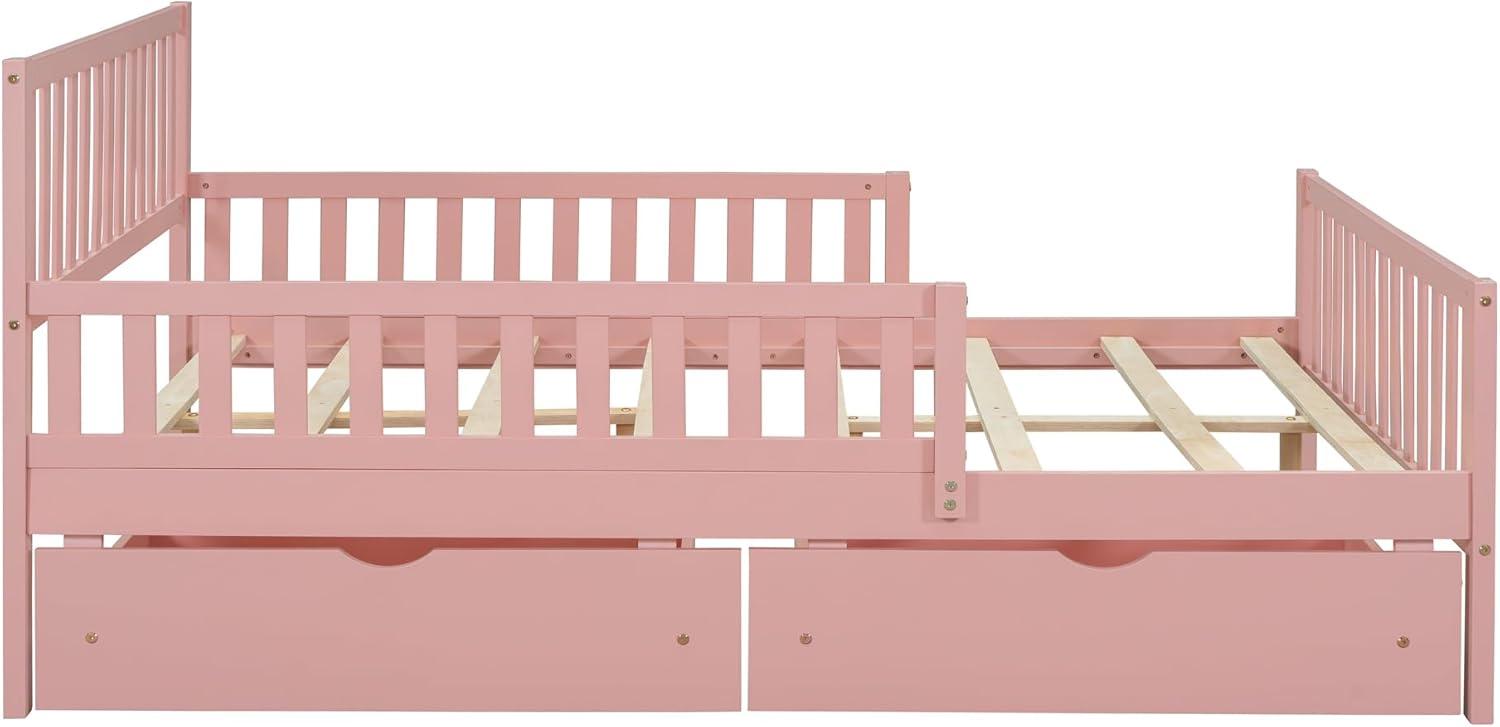Harper & Bright Designs Full Storage Bed Frame for Kids, Wood Full Size Bed with 2 Drawers, Full Platform Bed with Guardrails on Both Sides for Kids, Girls, Boys, Pink